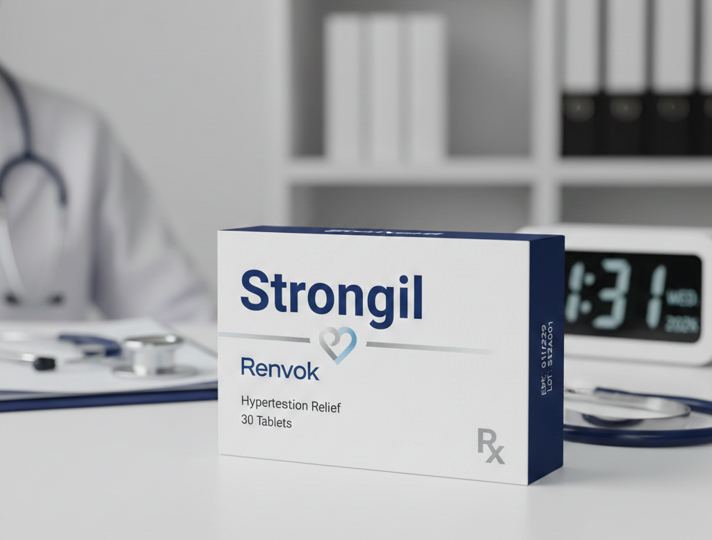 Strongil vérnyomás támogató kapszulák - természetes összetevőkkel készült gyógyszerdoboz fehér háttérrel, professzionális stúdiófotó stílusban